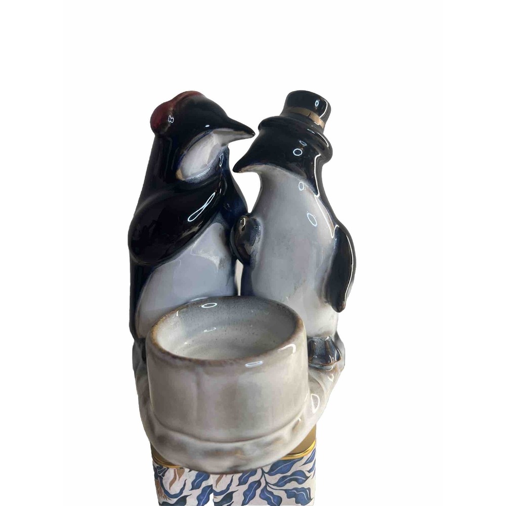 2 Penguins Pottery Candle Holder Winter Earmuffs Top Hat Anthropomorphic Holiday